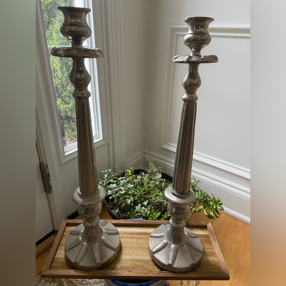 Tall Silver/ Pewter Candlesticks pair
